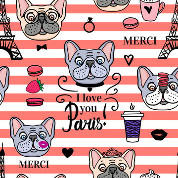 Seamless pattern French Bulldog. Striped background. Vector hand drawn. Eiffel tower illustration.