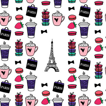 Seamless pattern coffe and macaroons. Paris style Eiffel tower. Surface design. Vector sketch illustration.