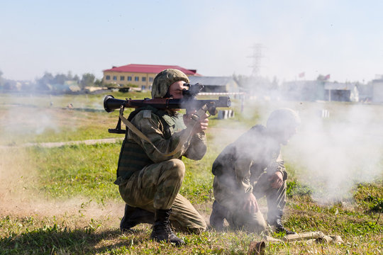 A soldier shoots an RPG-7