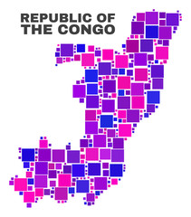 Mosaic Republic of the Congo map isolated on a white background. Vector geographic abstraction in pink and violet colors. Mosaic of Republic of the Congo map combined of scattered square elements.