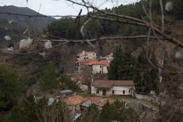 Buildings in Vytina village through a tree branch during winter