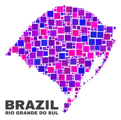 Mosaic Rio Grande do Sul State map isolated on a white background. Vector geographic abstraction in pink and violet colors. Mosaic of Rio Grande do Sul State map combined of random small squares.