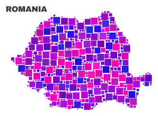 Mosaic Romania map isolated on a white background. Vector geographic abstraction in pink and violet colors. Mosaic of Romania map combined of scattered square elements.
