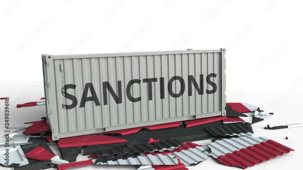 Poster container with sanctions text breaks cargo container with flag of syria. embargo or political export