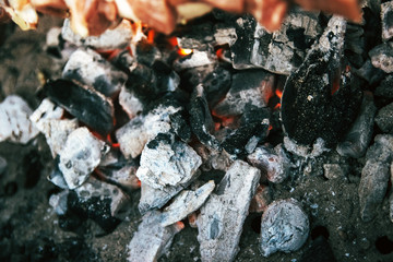 Smoldering ashes bonfire closeup fire bbq burn