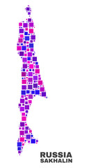 Mosaic Sakhalin Island map isolated on a white background. Vector geographic abstraction in pink and violet colors. Mosaic of Sakhalin Island map combined of scattered small squares.