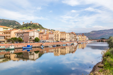 Fototapeta na wymiar View from the bridge of Bosa, a coloful small village in Sardinia, Italy