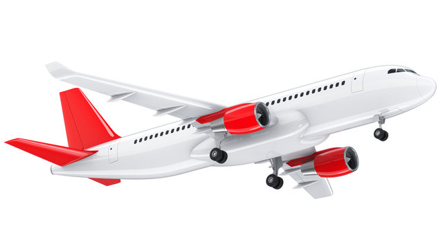 High detailed white airliner, 3d render on a white background. Airplane Take Off, isolated 3d illustration. Airline Concept Travel Passenger plane. Jet commercial airplane