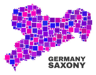 Fototapeta na wymiar Mosaic Saxony Land map isolated on a white background. Vector geographic abstraction in pink and violet colors. Mosaic of Saxony Land map combined of random small squares.
