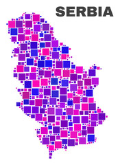 Fototapeta na wymiar Mosaic Serbia map isolated on a white background. Vector geographic abstraction in pink and violet colors. Mosaic of Serbia map combined of random square elements.