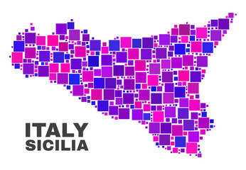 Fototapeta na wymiar Mosaic Sicilia map isolated on a white background. Vector geographic abstraction in pink and violet colors. Mosaic of Sicilia map combined of random square elements.