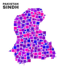 Mosaic Sindh Province map isolated on a white background. Vector geographic abstraction in pink and violet colors. Mosaic of Sindh Province map combined of random square elements.