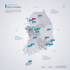 South Korea vector map with infographic elements, pointer marks.