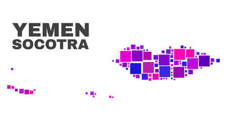 Mosaic Socotra Archipelago map isolated on a white background. Vector geographic abstraction in pink and violet colors. Mosaic of Socotra Archipelago map combined of scattered square elements.