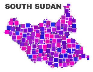 Mosaic South Sudan map isolated on a white background. Vector geographic abstraction in pink and violet colors. Mosaic of South Sudan map combined of random square elements.