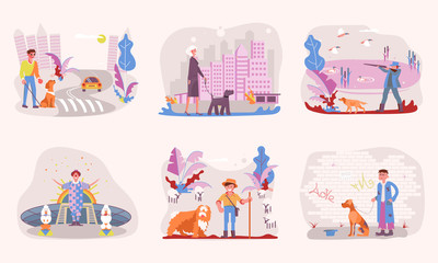 People Walking With Different Breeds Of Dogs