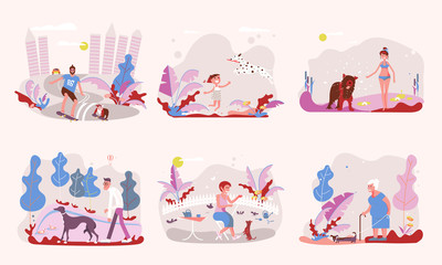 People Walking With Different Breeds Of Dogs