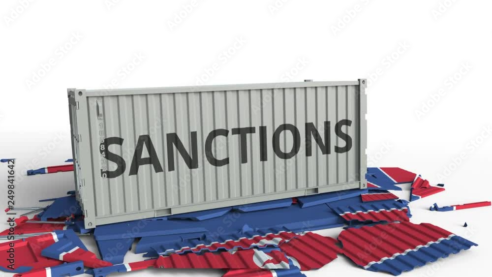 Poster container with sanctions text breaks cargo container with flag of north korea. embargo or political 