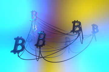 Golden bitcoin signs flying in the air and connected to each other by wire network. Cryptocurrency concept. 3d illustration