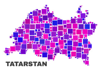 Mosaic Tatarstan map isolated on a white background. Vector geographic abstraction in pink and violet colors. Mosaic of Tatarstan map combined of random square elements.
