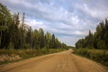 Fototapeta na wymiar Road trough nature with green forest and blue sky during summer. Gravel dirt road. Fire protection