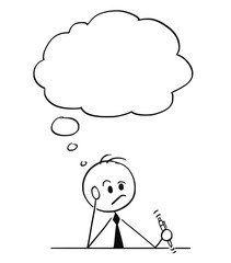 Cartoon stick figure drawing conceptual illustration of businessman sitting behind table and thinking hard with pen in hand. There is empty text balloon above his head.