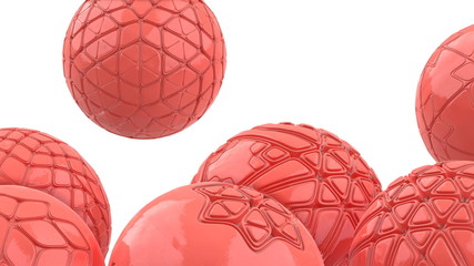 flying pink hi-tech living coral trendy color spheres. Abstract background with 3d geometric shapes. Modern cover design. Ads banner template. Dynamic wallpaper with balls or particles 3d illustration