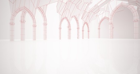 Abstract drawing white gothic interior multilevel public space with window. 3D illustration and rendering.