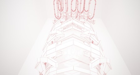 Abstract drawing white gothic interior multilevel public space with window. 3D illustration and rendering.
