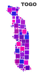 Mosaic Togo map isolated on a white background. Vector geographic abstraction in pink and violet colors. Mosaic of Togo map combined of random square items. Bright colored model for political posters.