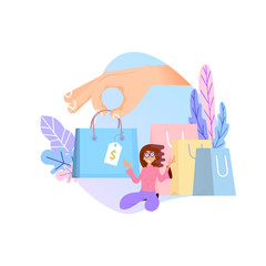 Shopping online concept. Flat design tiny woman and big bags