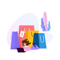 Shopping online concept. Flat design tiny woman and big bags