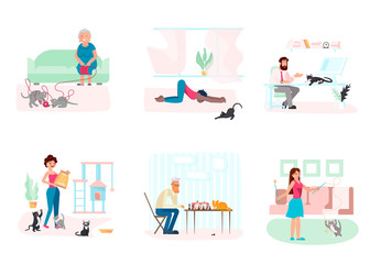 Set of cat owners characters and cute domestic animals