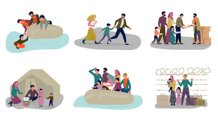Set of concepts of Migrant people in different situations.