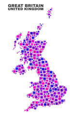 Mosaic United Kingdom map isolated on a white background. Vector geographic abstraction in pink and violet colors. Mosaic of United Kingdom map combined of random square items.
