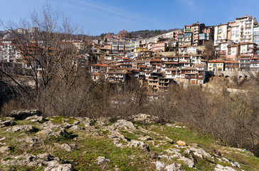 Obraz premium Old town in a cliff with a park in front and trees without leaf in a sunny winter day