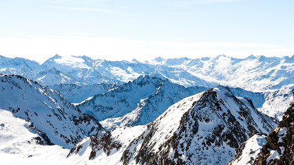 Fototapeta na wymiar Alps in winter day, Austria, Stubai, Stubaier Gletscher ski resort. Beautiful mountain view.