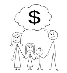 Cartoon stick figure drawing conceptual illustration of unhappy family, couple of man and woman and two children with dollar as money symbol.