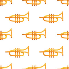 Seamless watercolor pattern with trumpets isolated with clipping path