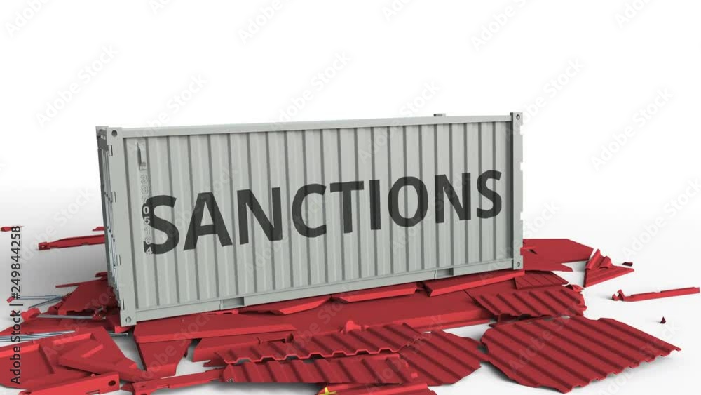 Poster container with sanctions text breaks cargo container with flag of china. embargo or political export