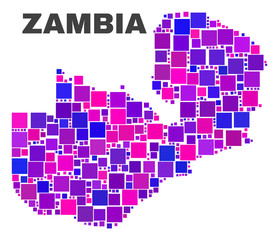 Mosaic Zambia map isolated on a white background. Vector geographic abstraction in pink and violet colors. Mosaic of Zambia map combined of scattered square items.