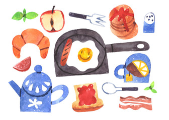 Morning breakfast watercolor collection isolated with clipping path
