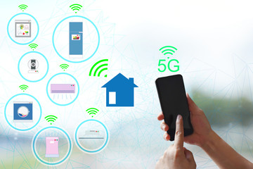 5G network and internet of wireless devices Connect smart home and electrical appliances , Concept of communication with facilities.