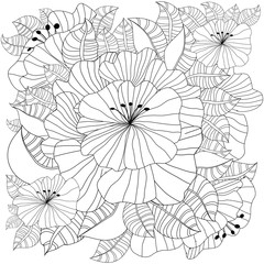 Hand drawn backdrop. Coloring book, page for adult and older children. Black and white abstract floral pattern. Design for meditation.