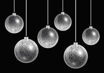 Shiny Christmas balls on a black background. Vector illustration with silvery shine