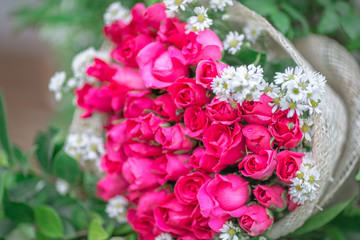 Wallpaper of flowers (roses) that are placed on chairs or wooden tables, to be displayed at festivals or on special occasions (Valentine, wedding, birthday, new year) 