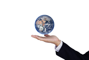Businessman hand holding globe on hand, isolated on white background. Element of this image are furnished by NASA