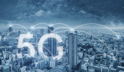 5G internet networking in the city, cityscape and connections link