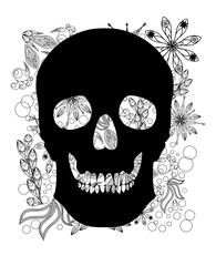 Human skull on floral doodling background. Vector illustration
