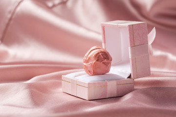 Candy cane in a festive box with a silk ribbon on a delicate pink satin background. Festive concept.